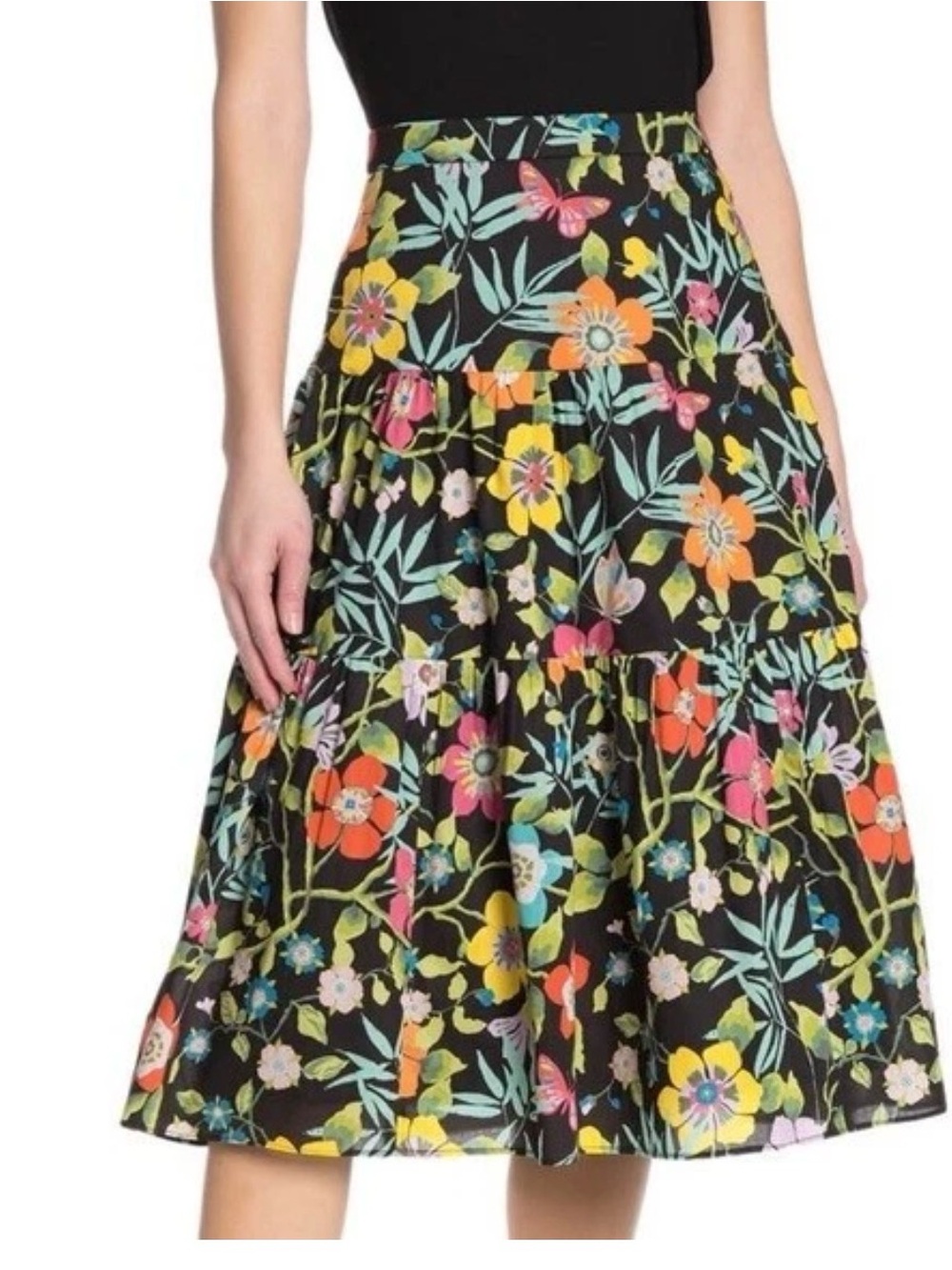 J. Crew Black Floral Tiered Midi Skirt - Multicolor Blooms